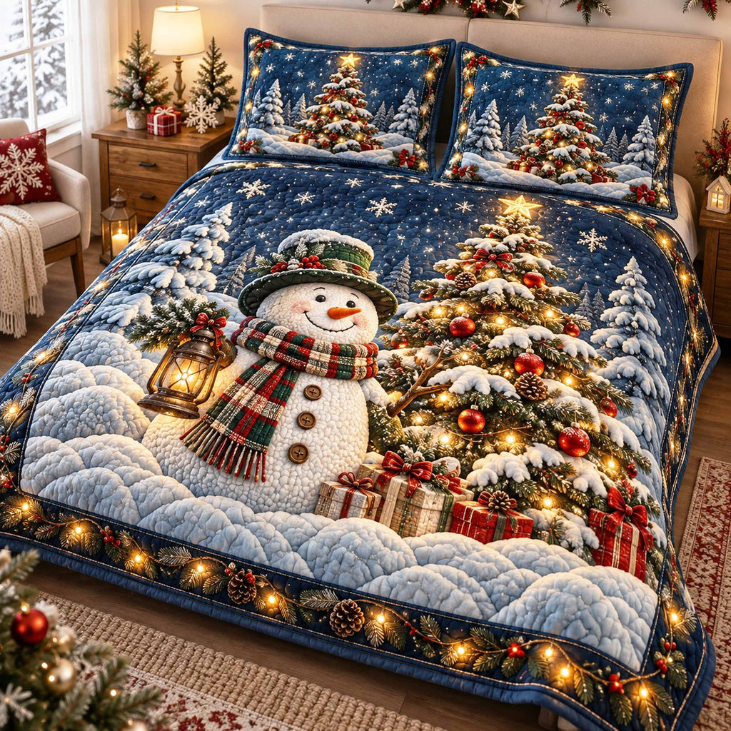 Snowmen Christmas quilted 3-piece bedding set on a made bed in a winter-styled bedroom