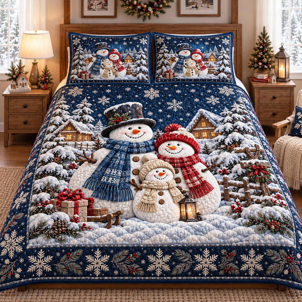 Snowmen Holiday Cheer quilted 3-piece bedding set on a made bed in a winter-styled bedroom