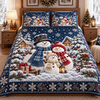 Snowmen Holiday Cheer quilted 3-piece bedding set on a made bed in a winter-styled bedroom