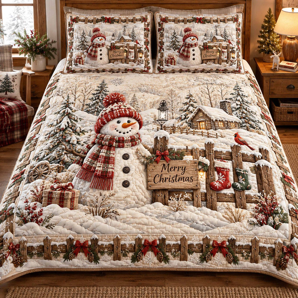 Snowmen Holiday Magic quilted 3-piece bedding set on a made bed in a winter-styled bedroom