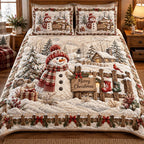 Snowmen Holiday Magic quilted 3-piece bedding set on a made bed in a winter-styled bedroom