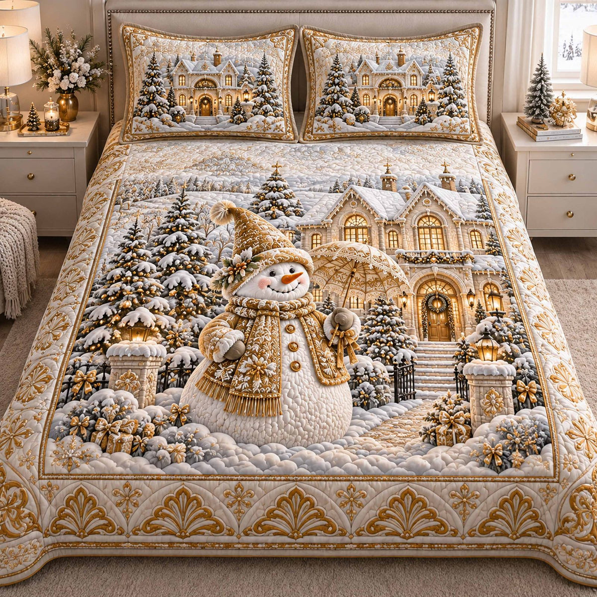 Snowmen Village quilted 3-piece bedding set on a made bed with two matching pillow shams