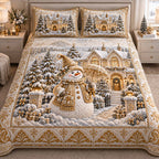 Snowmen Village quilted 3-piece bedding set on a made bed with two matching pillow shams