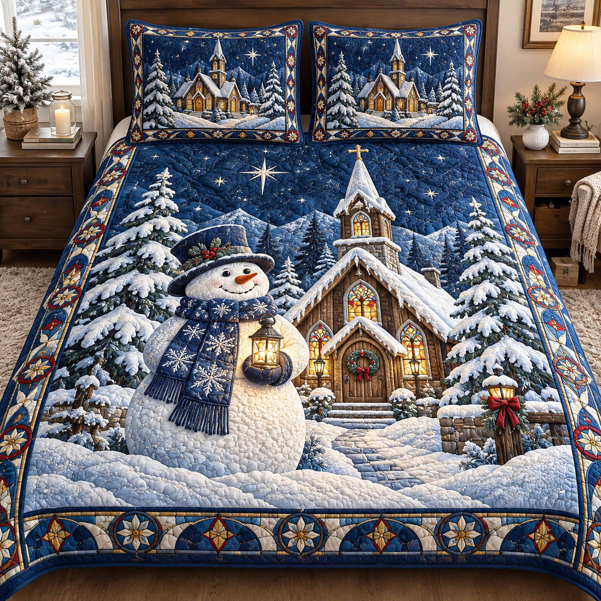 Snowmen Winter Village quilted 3-piece bedding set on a made bed in a winter-styled bedroom