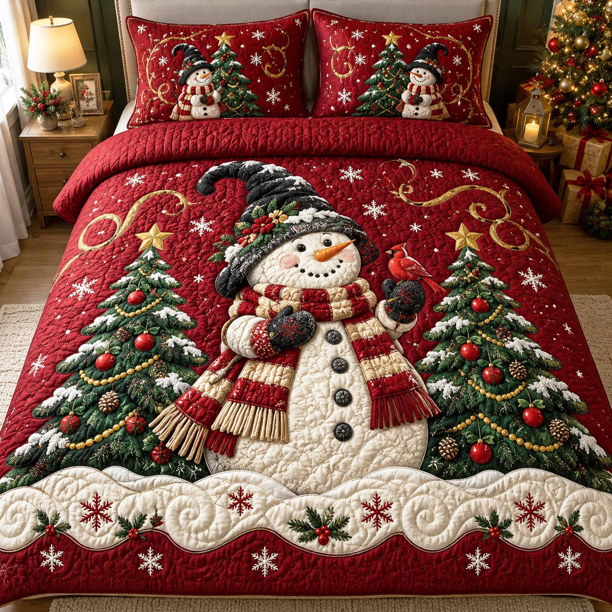 Snowmen Winter Wonderland quilted 3-piece bedding set on a made bed in a winter-styled bedroom