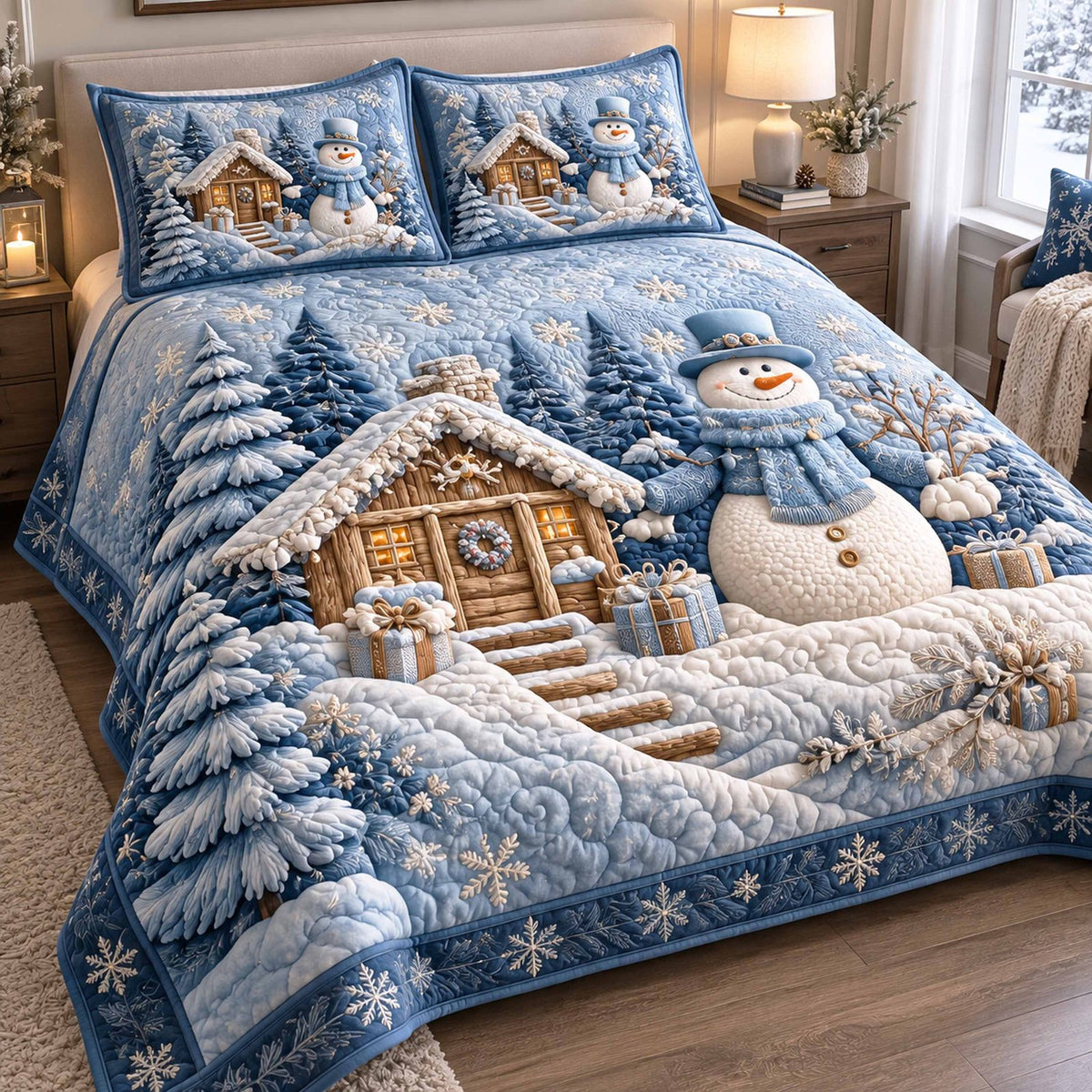 Snowmen Wonderland quilted 3-piece bedding set on a made bed with two matching pillow shams