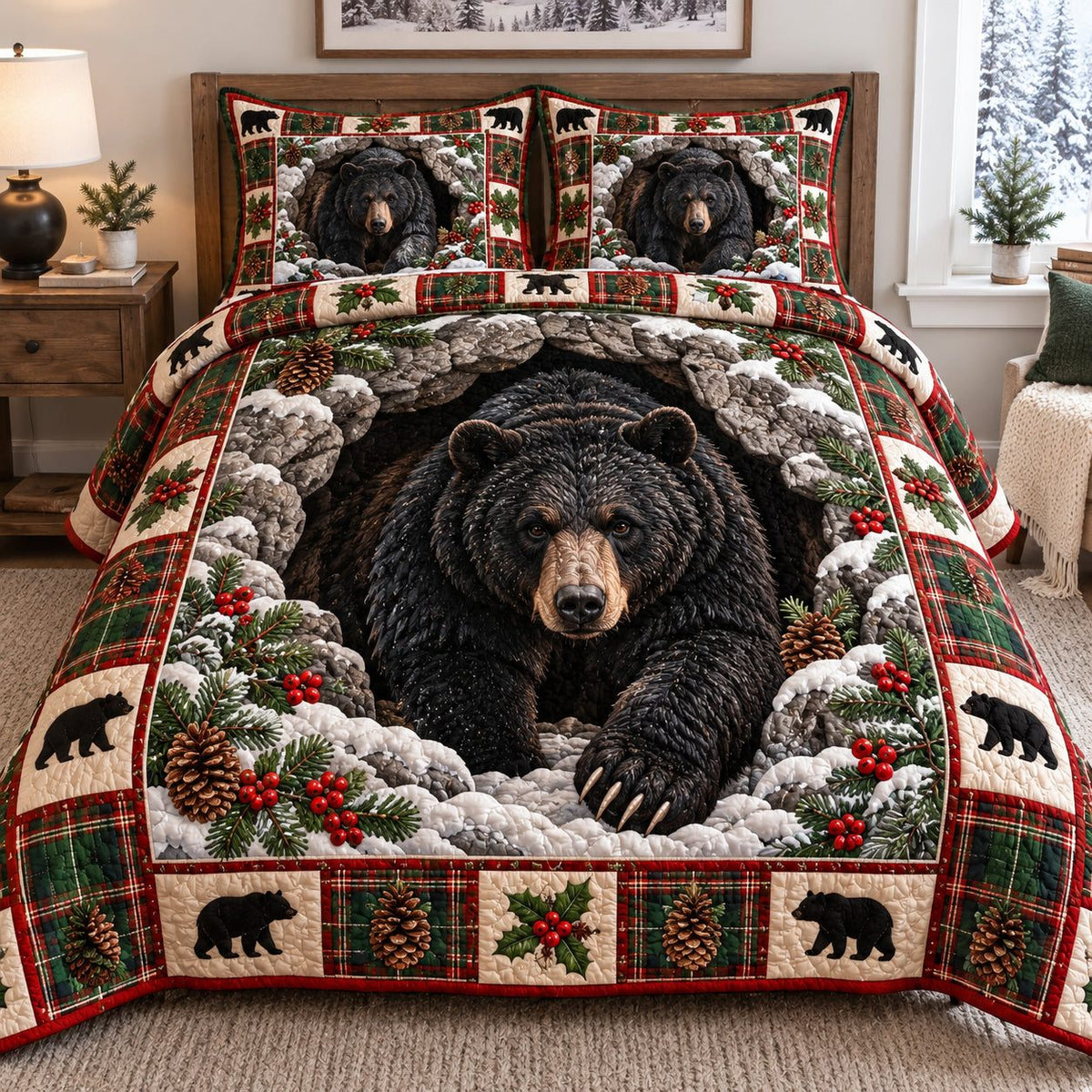 Snowy Bear Cave quilted 3-piece bedding set on a made bed with two matching pillow shams