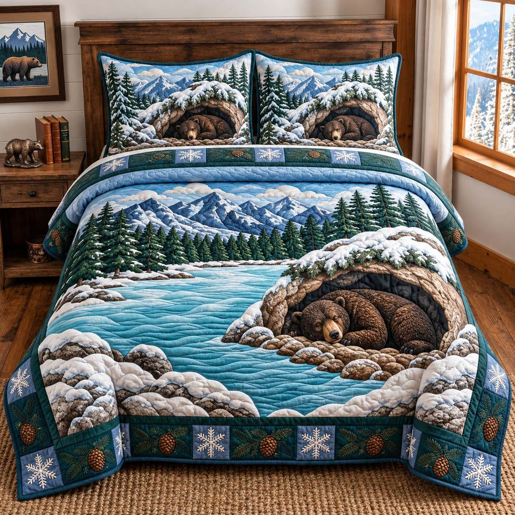 Snowy Bear Den quilted 3-piece bedding set on a made bed with two matching pillow shams