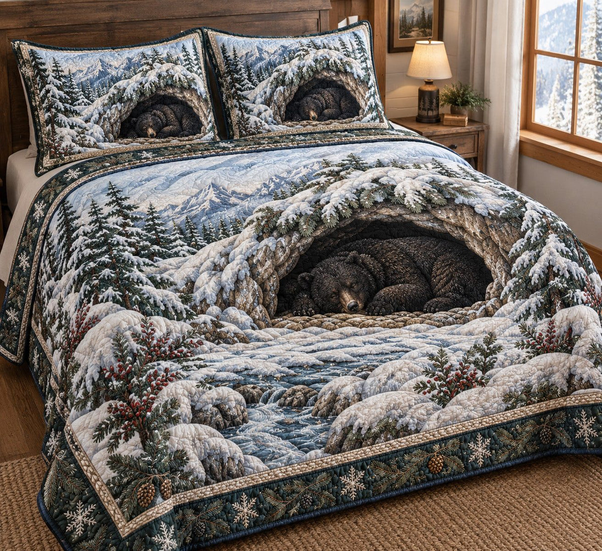 Snowy Bear Haven quilted 3-piece bedding set on a made bed with two matching pillow shams