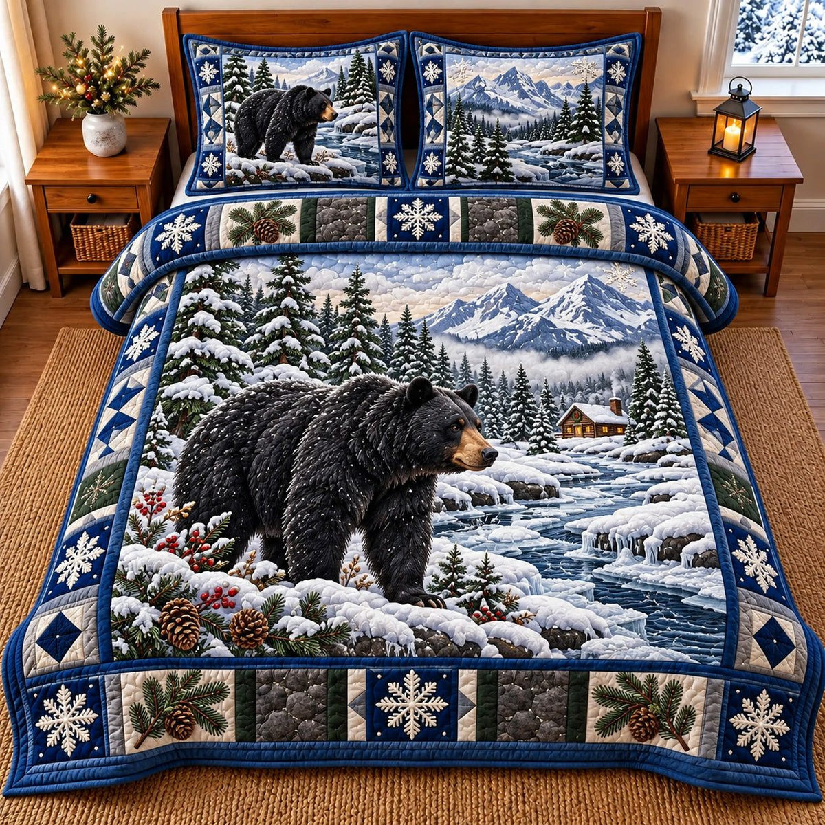 Snowy Bear quilted 3-piece bedding set on a made bed with two matching pillow shams