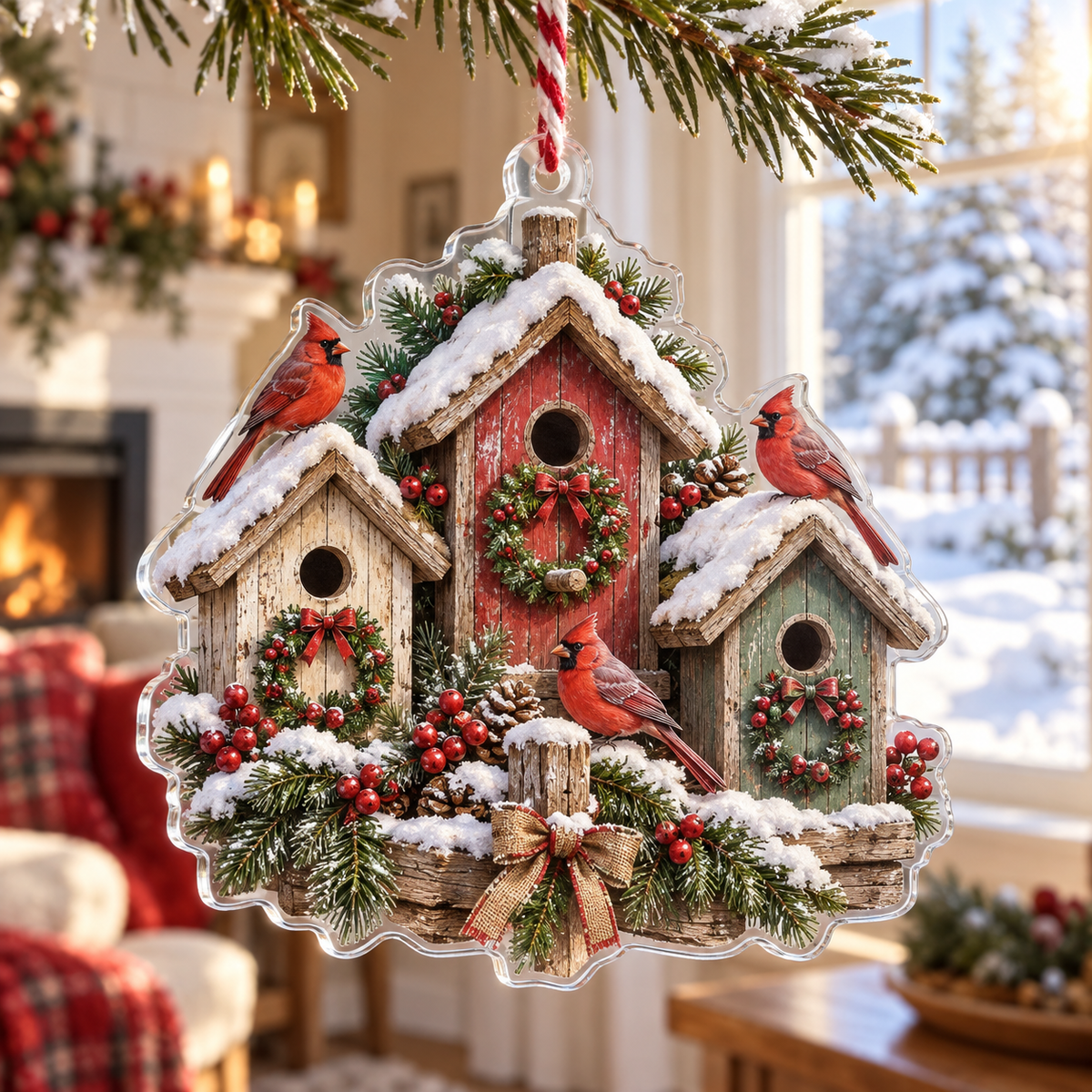 Snowy Birdhouse Acrylic Christmas Ornament — digital product visualization