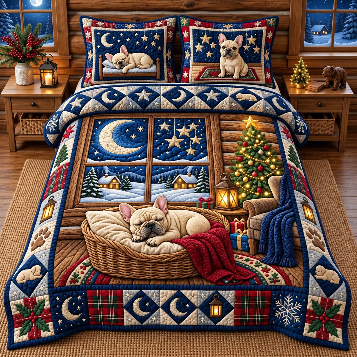 Snowy Bulldog quilted 3-piece bedding set on a made bed with two matching pillow shams