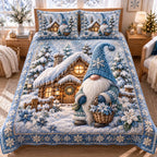 Snowy Cabin Blue Hat Gnome quilted 3-piece bedding set on a made bed in a rustic timber bedroom
