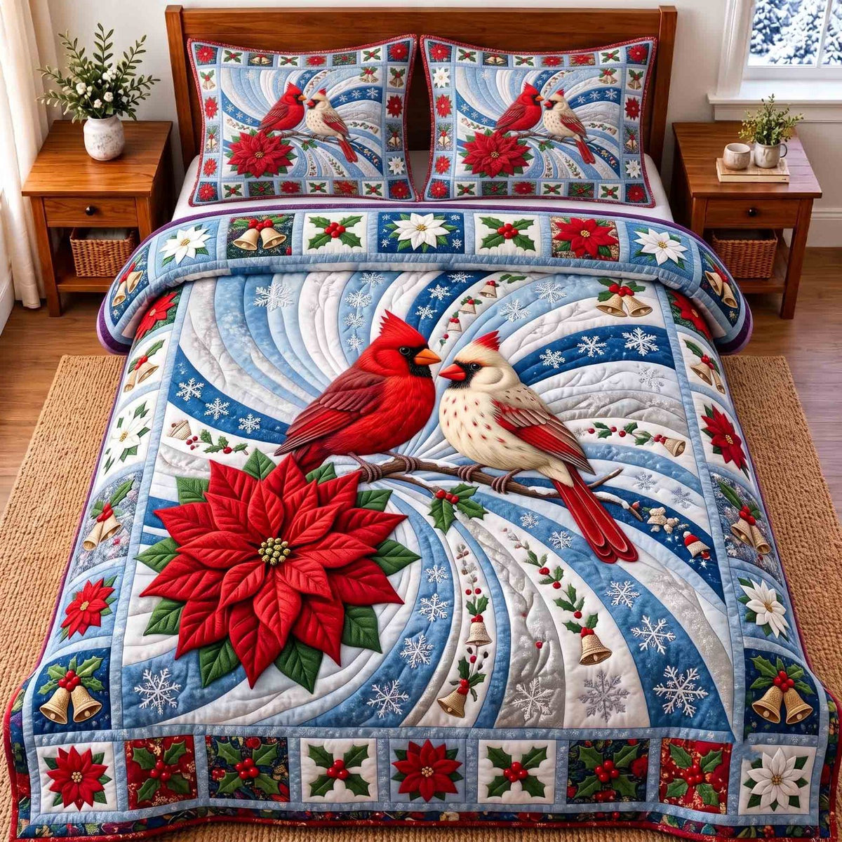 Snowy Cardinal Duo quilted 3-piece bedding set on a made bed with two matching pillow shams