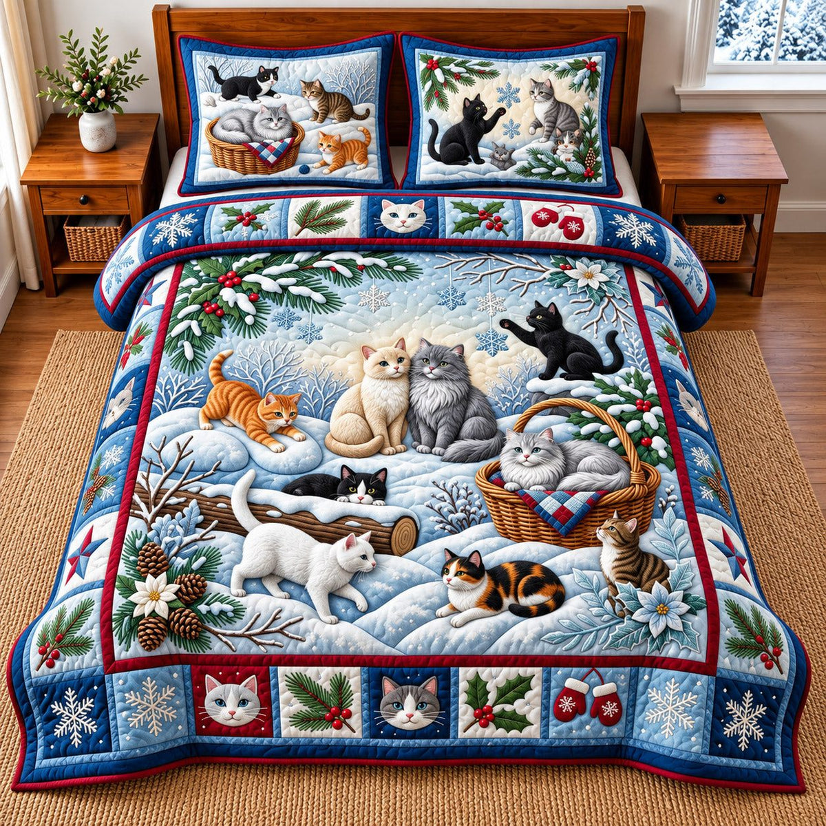 Snowy Cat quilted 3-piece bedding set on a made bed with two matching pillow shams