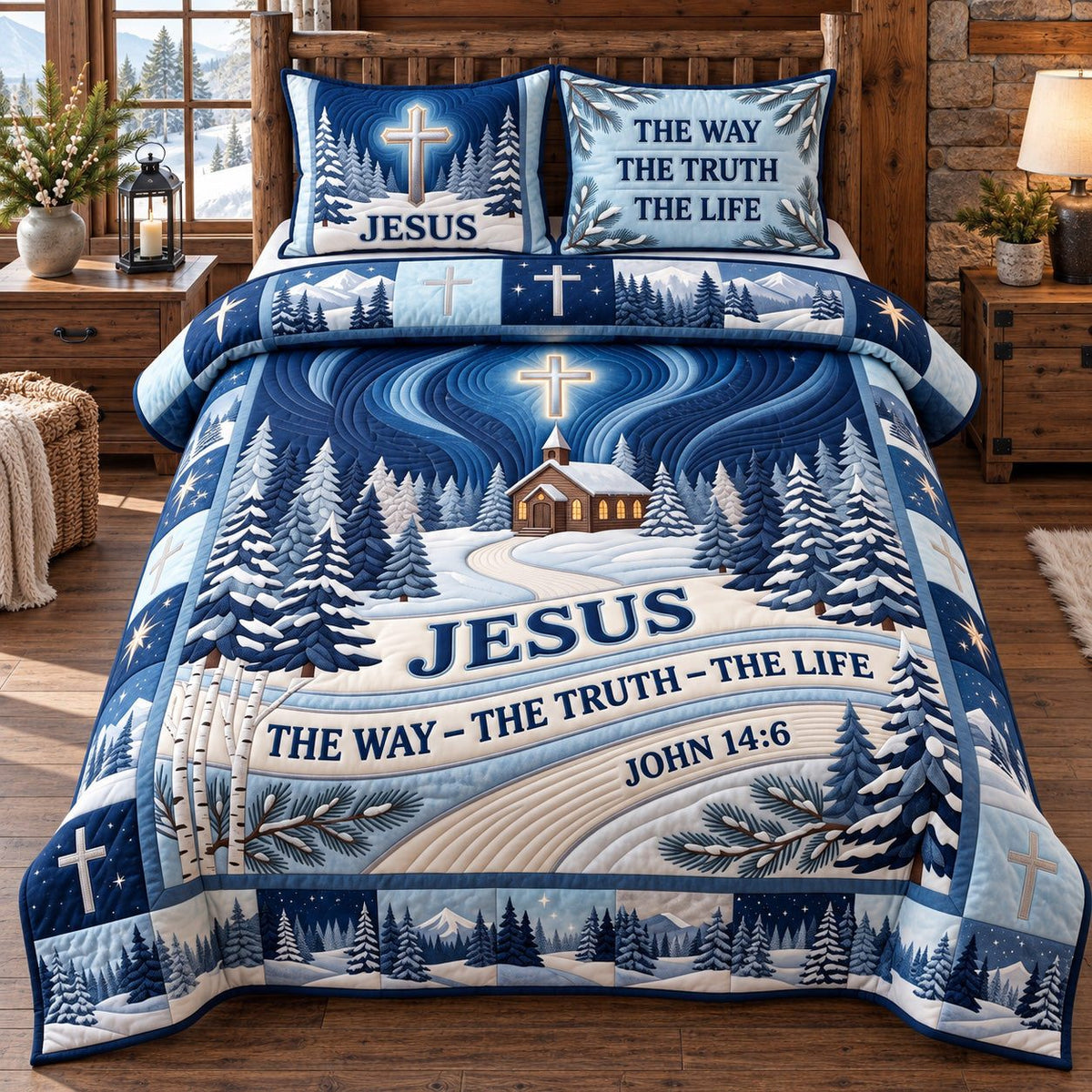 Snowy Chapel Jesus Way Truth Life quilted 3-piece bedding set on a made bed in a softly lit bedroom
