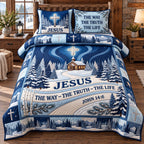 Snowy Chapel Jesus Way Truth Life quilted 3-piece bedding set on a made bed in a softly lit bedroom