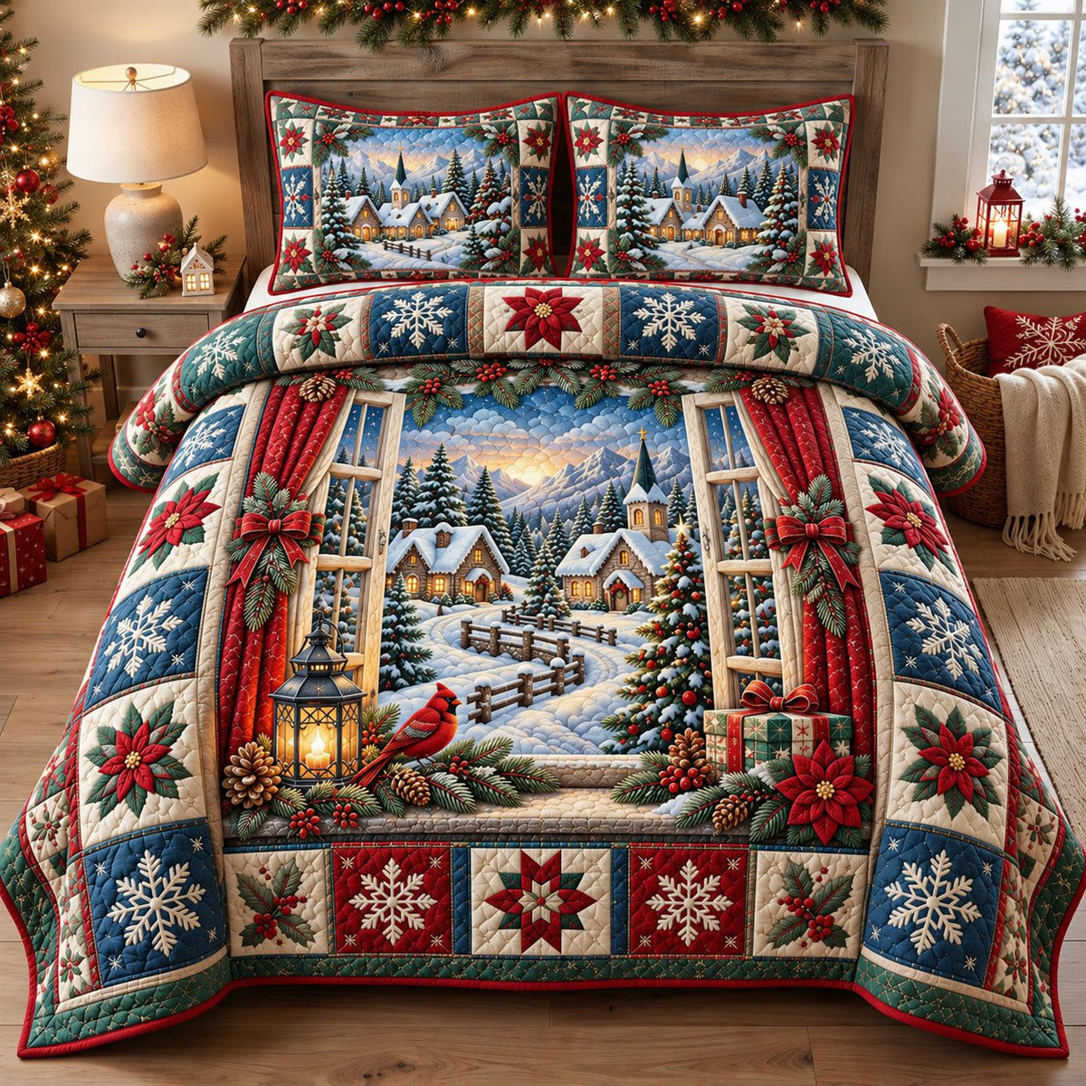 Snowy Christmas Village quilted 3-piece bedding set on a made bed in a winter-styled bedroom