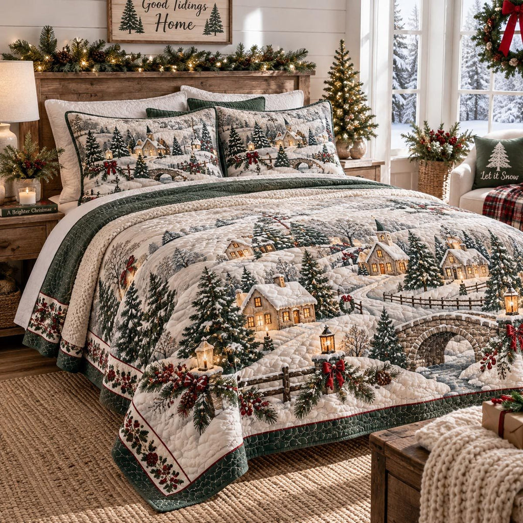 Snowy Cottage Christmas quilted 3-piece bedding set on a made bed in a winter-styled bedroom