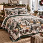 Snowy Cottage Christmas quilted 3-piece bedding set on a made bed in a winter-styled bedroom
