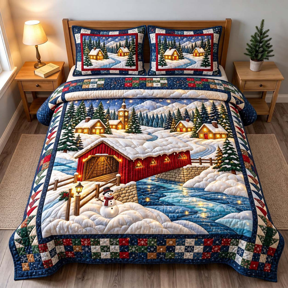 Snowy Covered Bridge quilted 3-piece bedding set on a made bed with two matching pillow shams