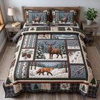 Snowy Deer Fox Birch quilted 3-piece bedding set on a made bed with two matching pillow shams
