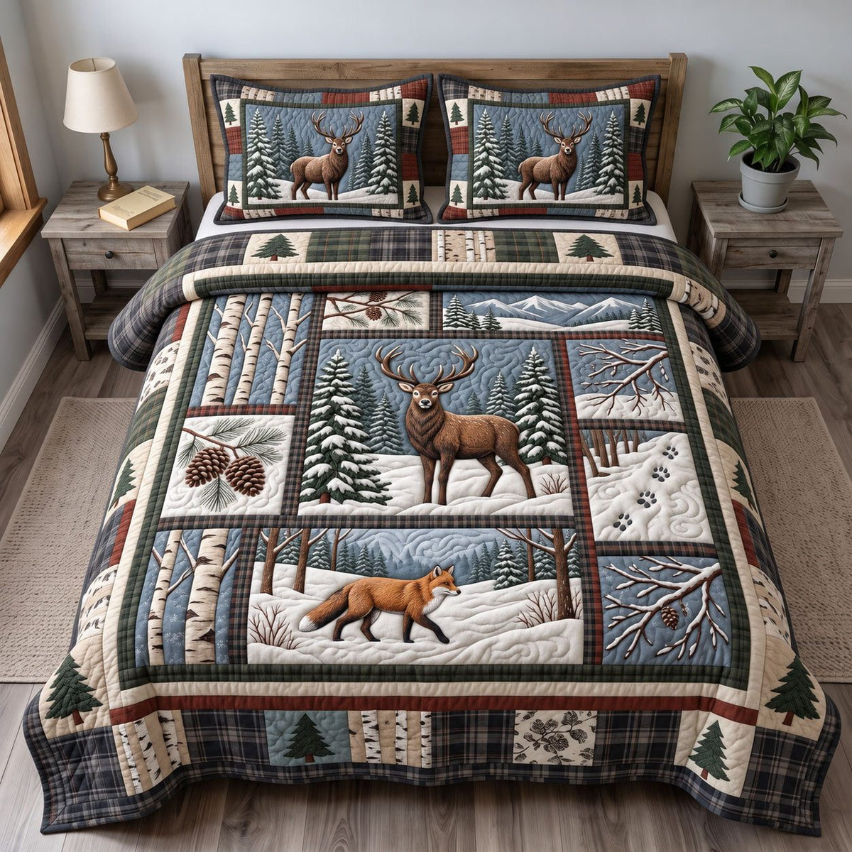 Snowy Deer Fox Birch quilted 3-piece bedding set on a made bed with two matching pillow shams