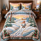 Snowy Gnome Journey quilted 3-piece bedding set on a made bed with two matching pillow shams