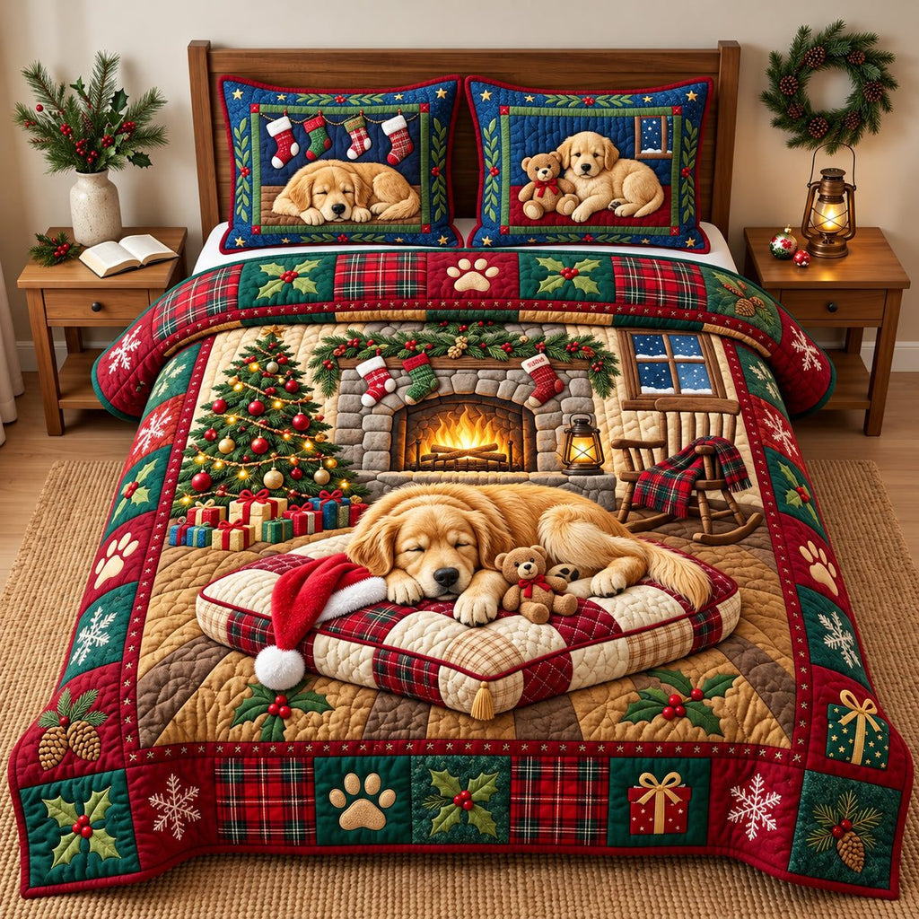 Snowy Golden quilted 3-piece bedding set on a made bed with two matching pillow shams