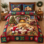 Snowy Golden quilted 3-piece bedding set on a made bed with two matching pillow shams