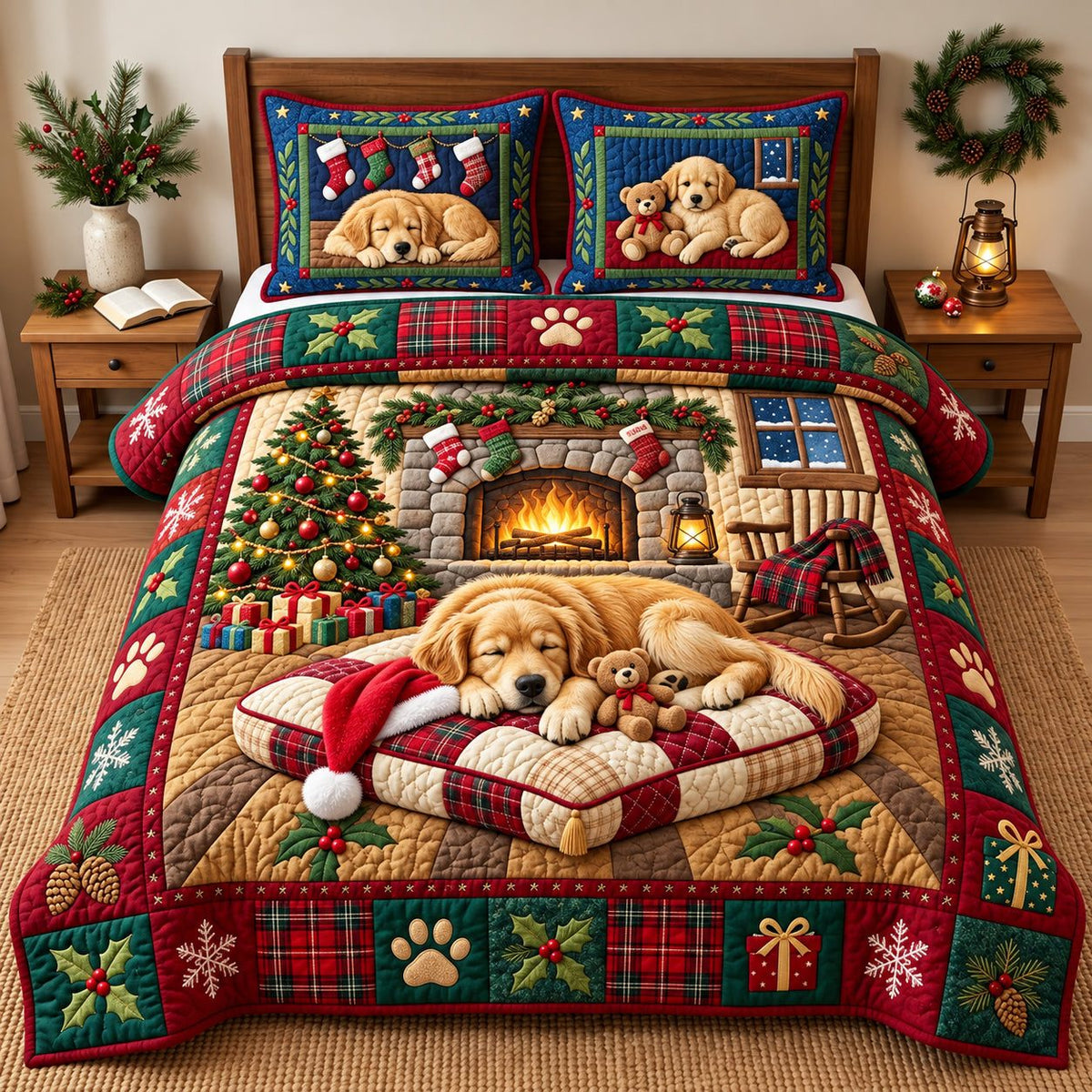 Snowy Golden quilted 3-piece bedding set on a made bed with two matching pillow shams