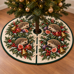Snowy Hedgehog Fig Bell printed Christmas circular tree skirt; design mockup showing a flat printed depth effect.