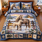 Snowy Horse quilted 3-piece bedding set on a made bed in a rustic timber bedroom
