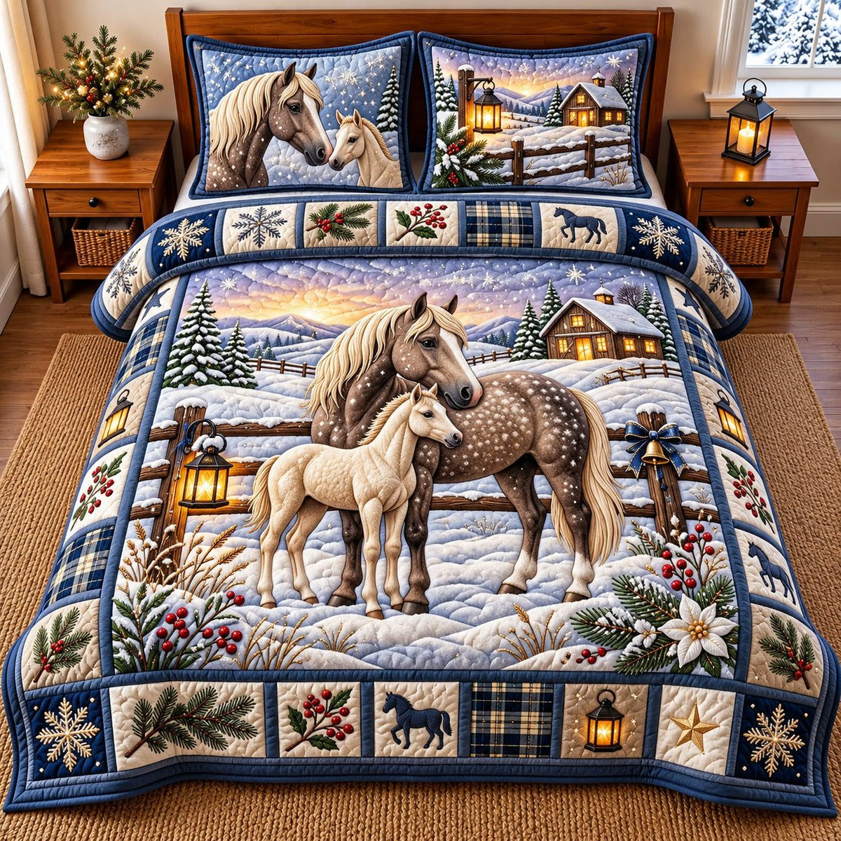 Snowy Horse quilted 3-piece bedding set on a made bed in a rustic timber bedroom