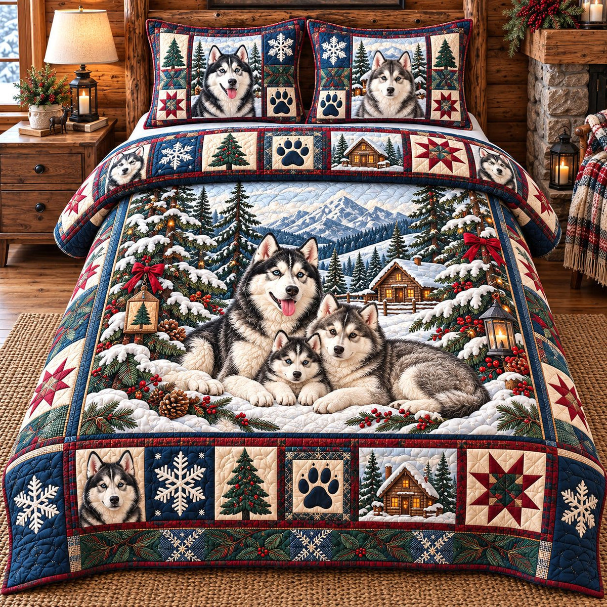 Snowy Husky Family quilted 3-piece bedding set on a made bed with two matching pillow shams