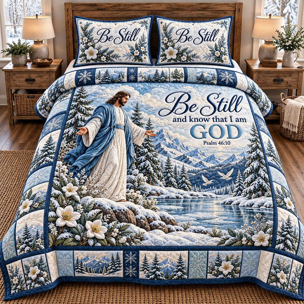 Snowy Lake Be Still And Know God quilted 3-piece bedding set on a made bed in a softly lit bedroom