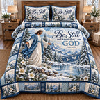 Snowy Lake Be Still And Know God quilted 3-piece bedding set on a made bed in a softly lit bedroom