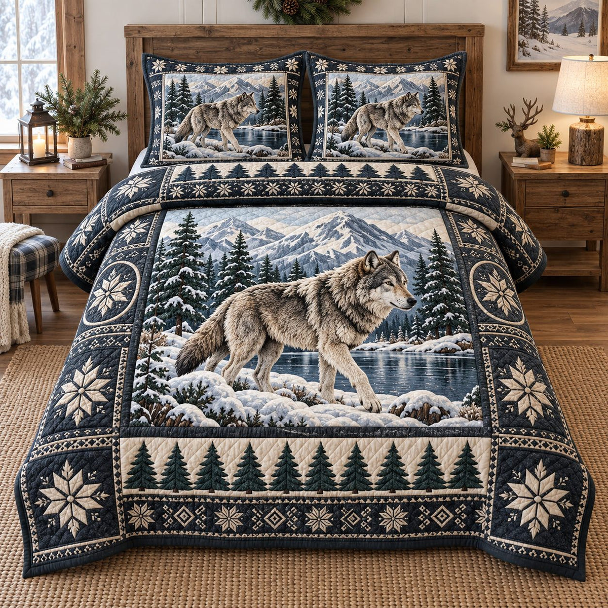 Snowy Mountain Wolf quilted 3-piece bedding set on a made bed with two matching pillow shams