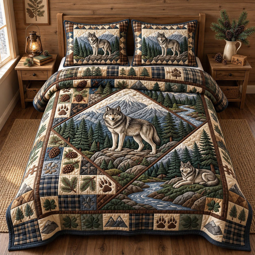 Snowy Mountain Wolf Rustic quilted 3-piece bedding set on a made bed in a farmhouse bedroom