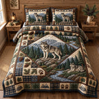 Snowy Mountain Wolf Rustic quilted 3-piece bedding set on a made bed in a farmhouse bedroom