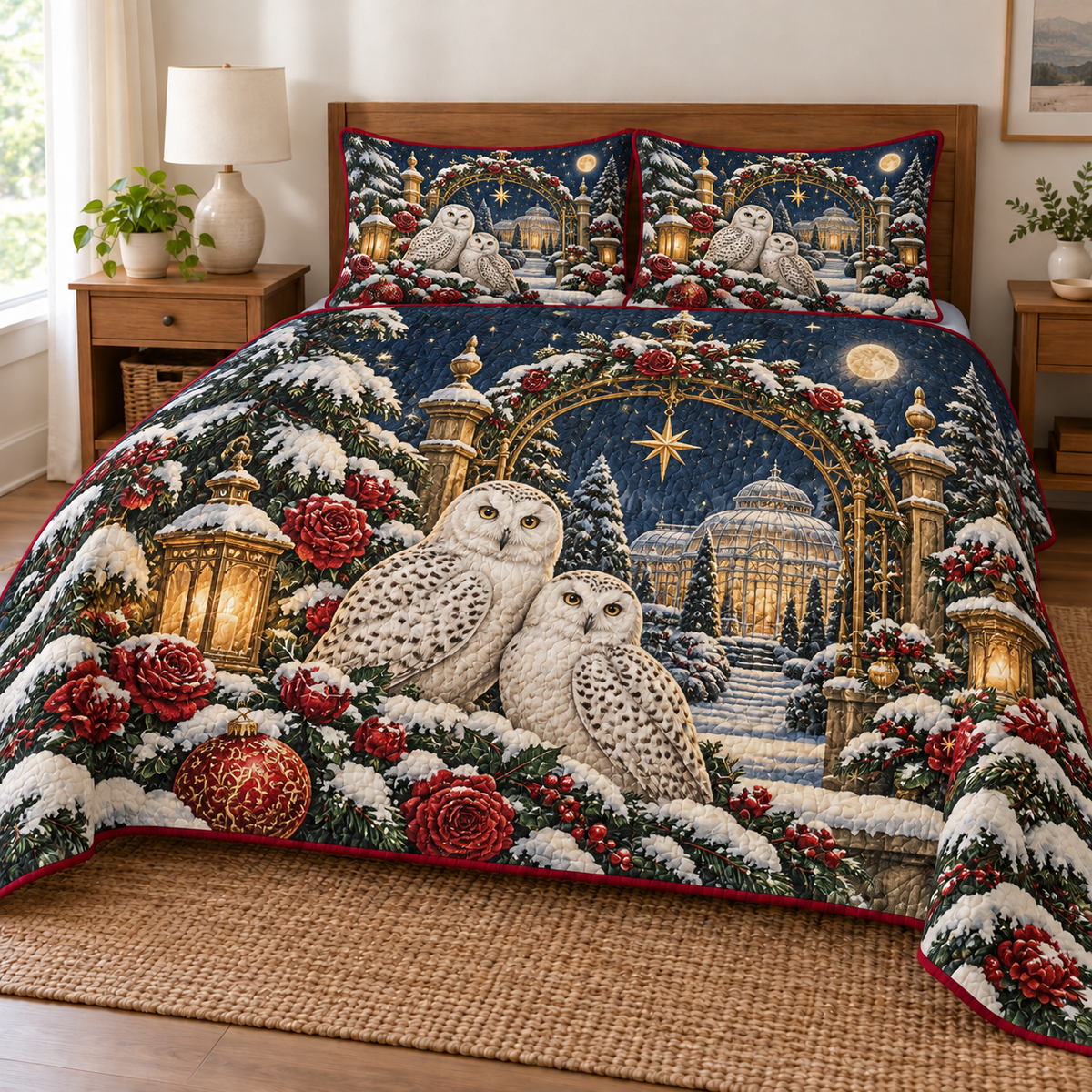 Snowy Owl Crystal Garden printed Christmas quilt and two matching pillow shams; design mockup showing a flat printed depth effect.
