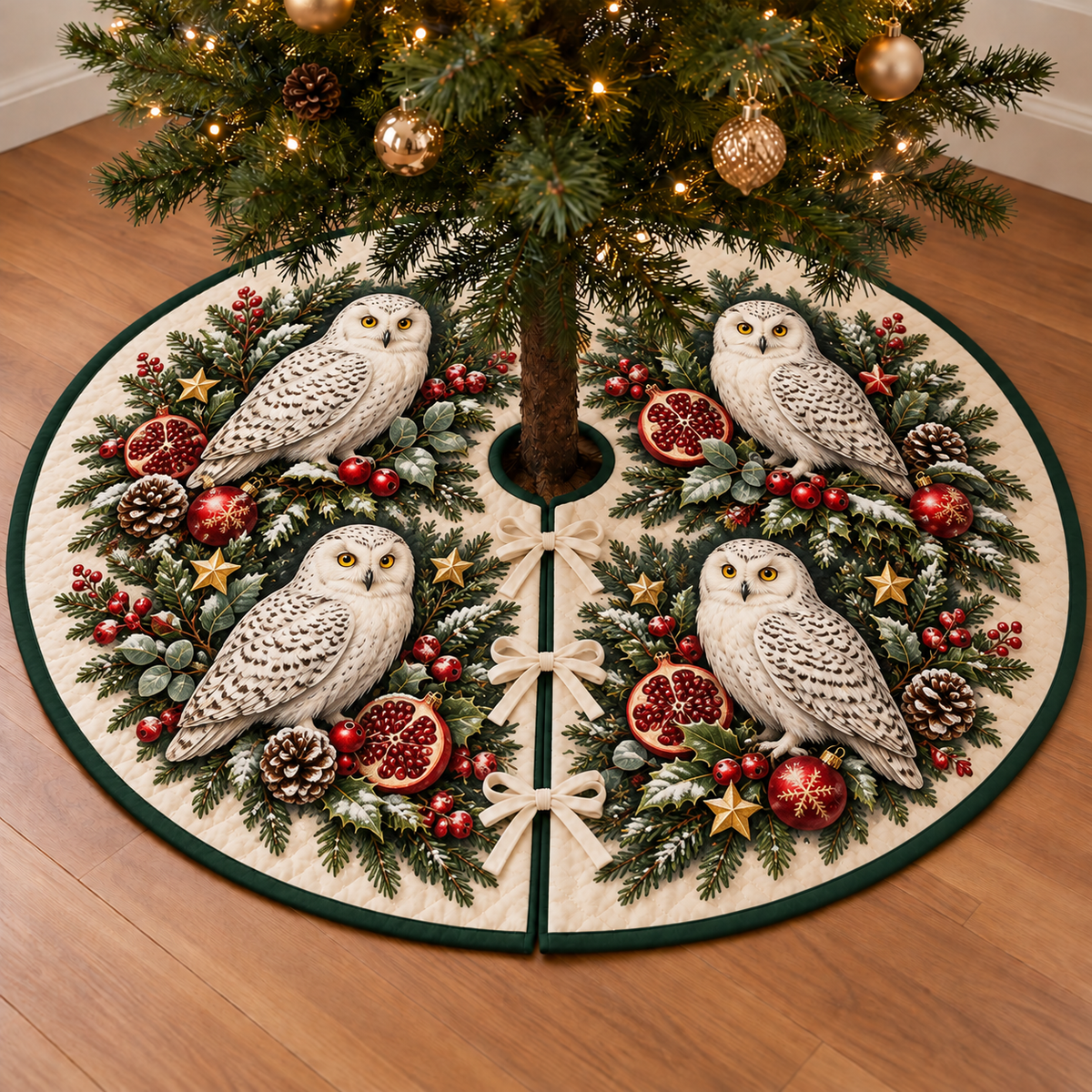 Four snowy owls with pomegranates and evergreen clusters on an ivory Christmas tree skirt with green binding and three ties; design mockup.