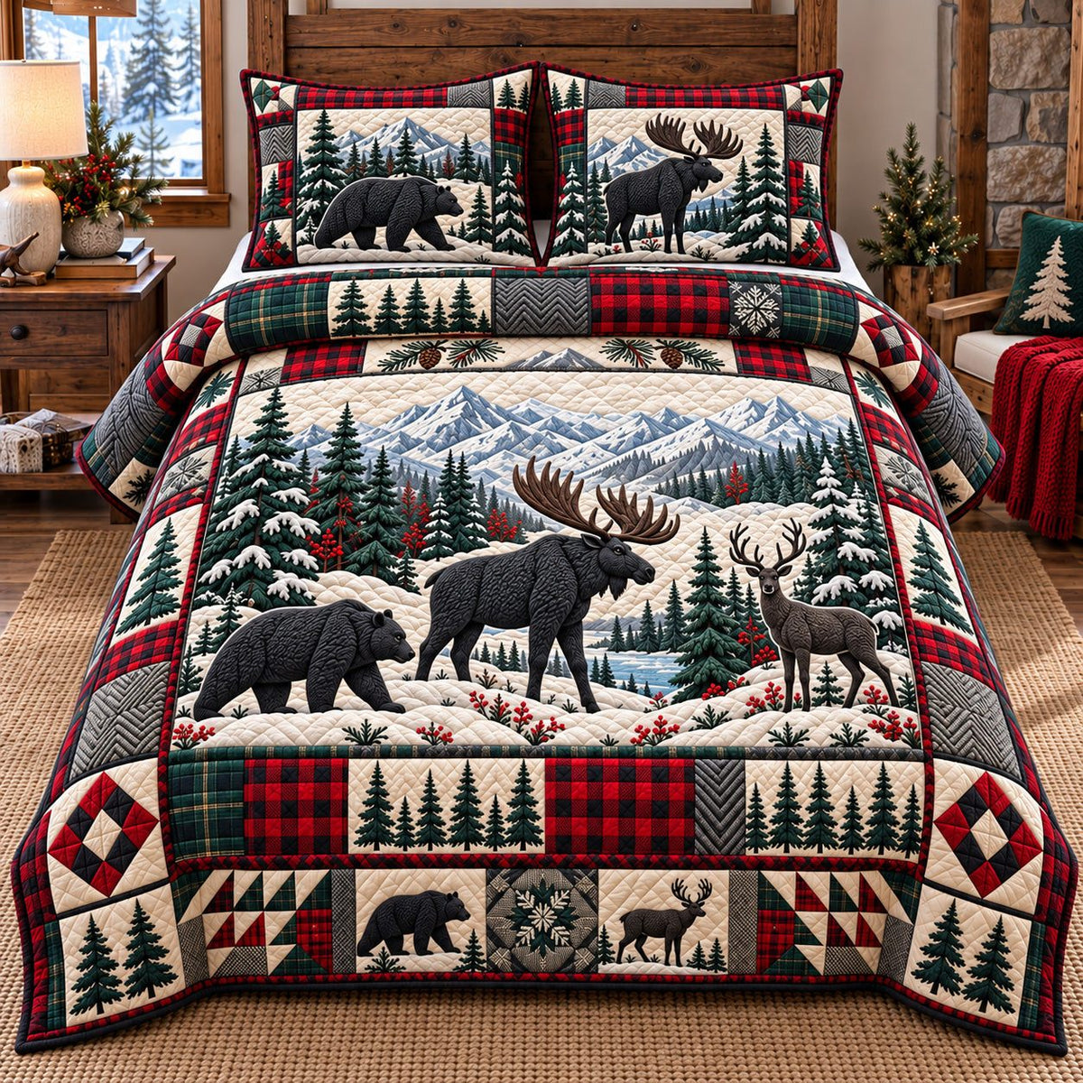 Snowy Plaid Moose Bear Patchwork quilted 3-piece bedding set on a made bed in a farmhouse bedroom