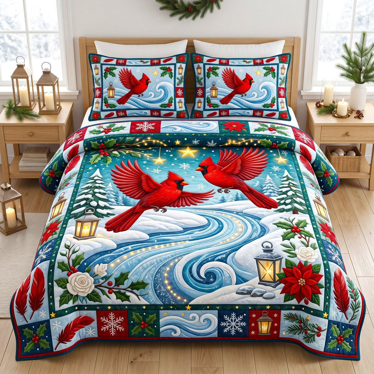 Snowy River Red Cardinal quilted 3-piece bedding set on a made bed with two matching pillow shams