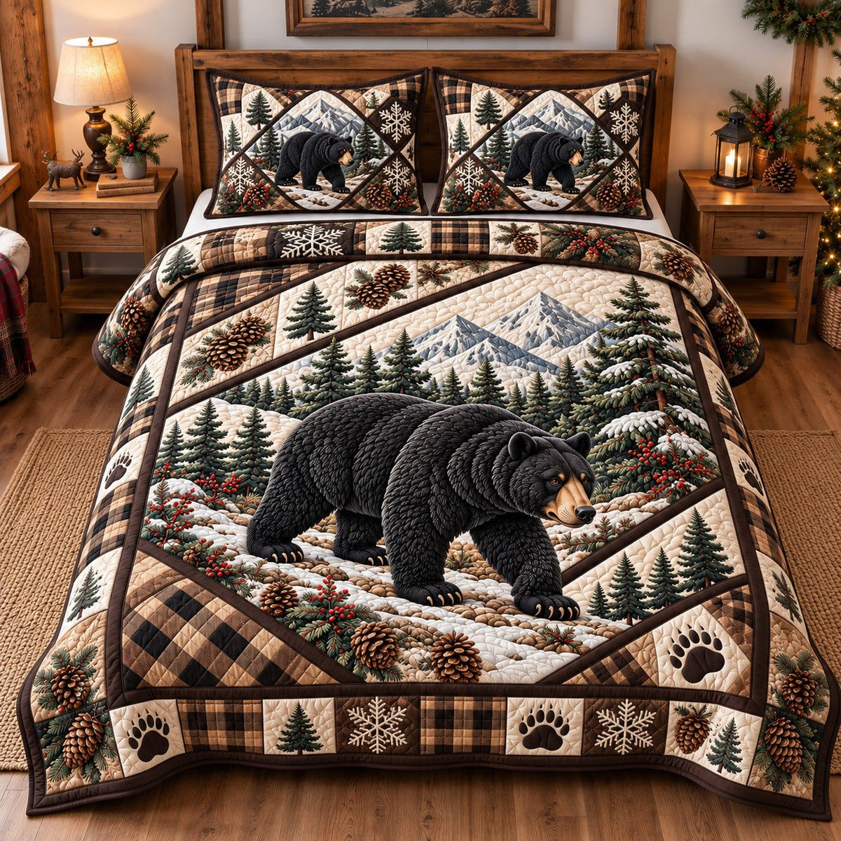 Snowy Slope Black Bear quilted 3-piece bedding set on a made bed with two matching pillow shams