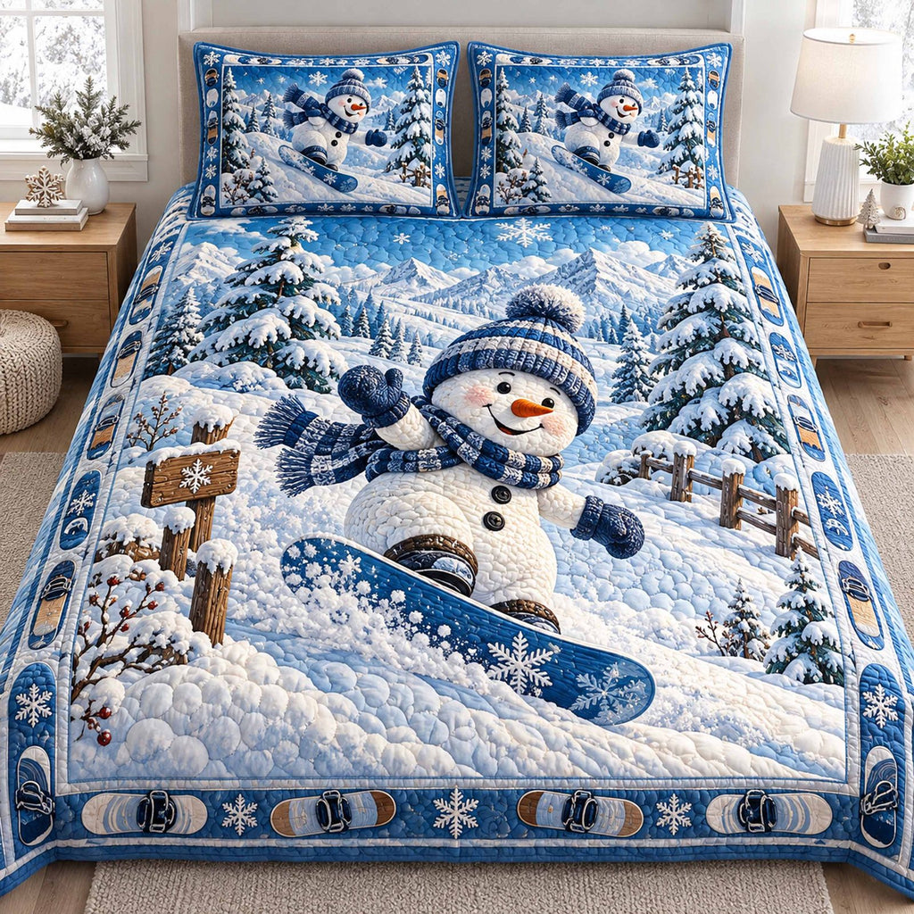 Snowy Snowmen quilted 3-piece bedding set on a made bed with two matching pillow shams