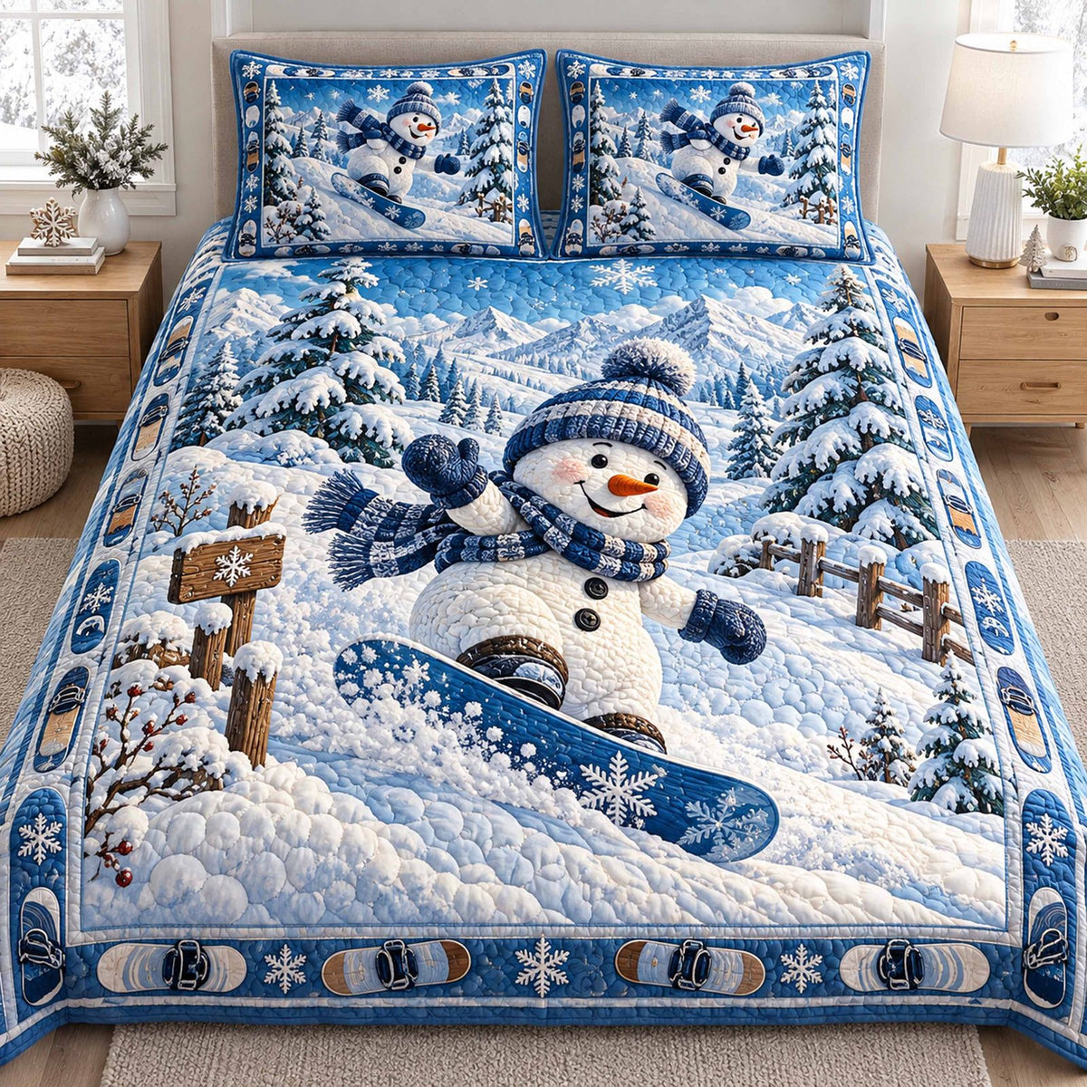 Snowy Snowmen quilted 3-piece bedding set on a made bed with two matching pillow shams