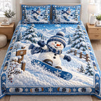 Snowy Snowmen quilted 3-piece bedding set on a made bed with two matching pillow shams