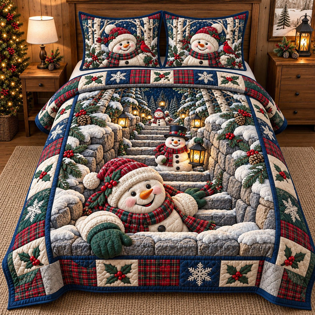 Snowy Steps Snowmen quilted 3-piece bedding set on a made bed with two matching pillow shams
