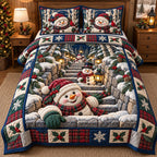 Snowy Steps Snowmen quilted 3-piece bedding set on a made bed with two matching pillow shams